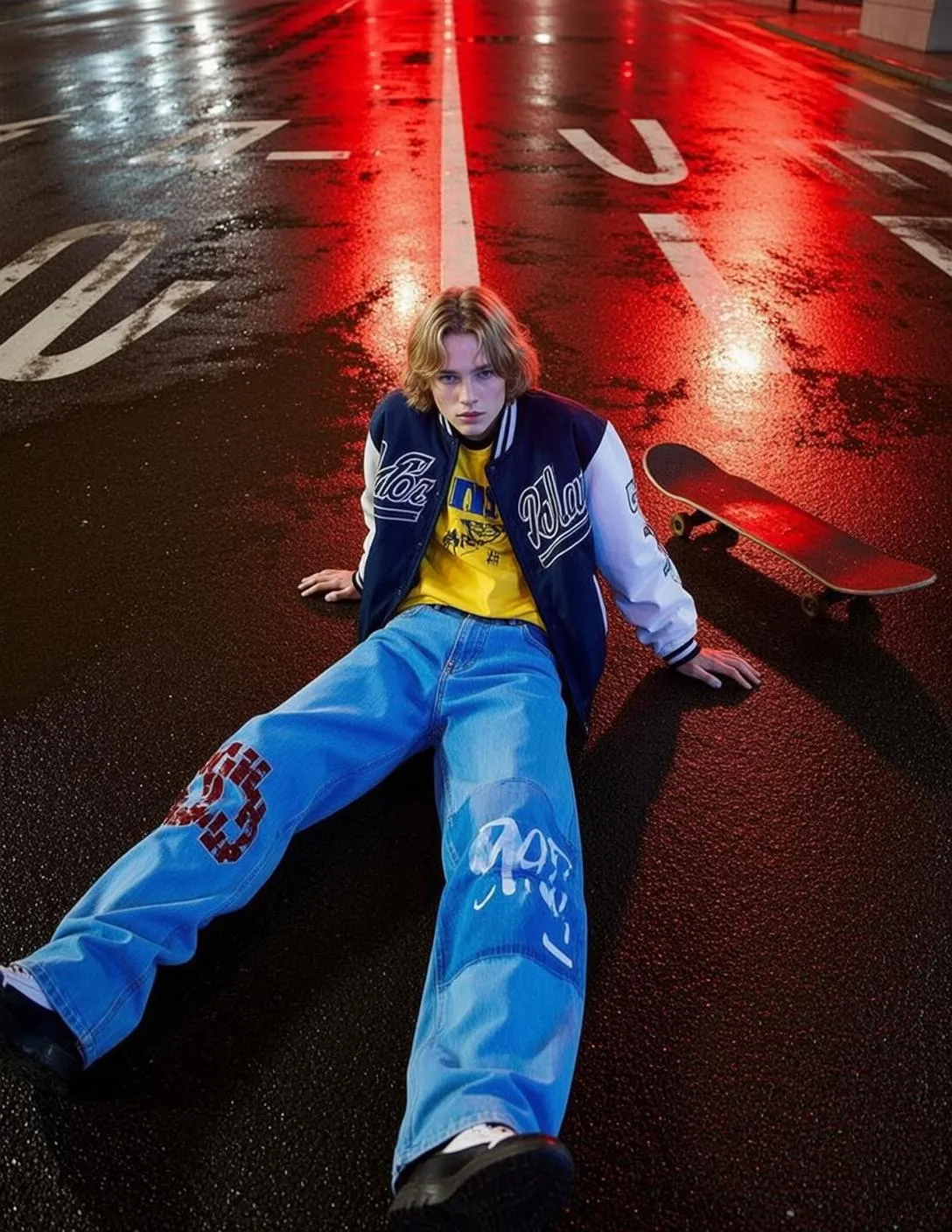 Blond Teen City Street Night Skateboard Cinematic