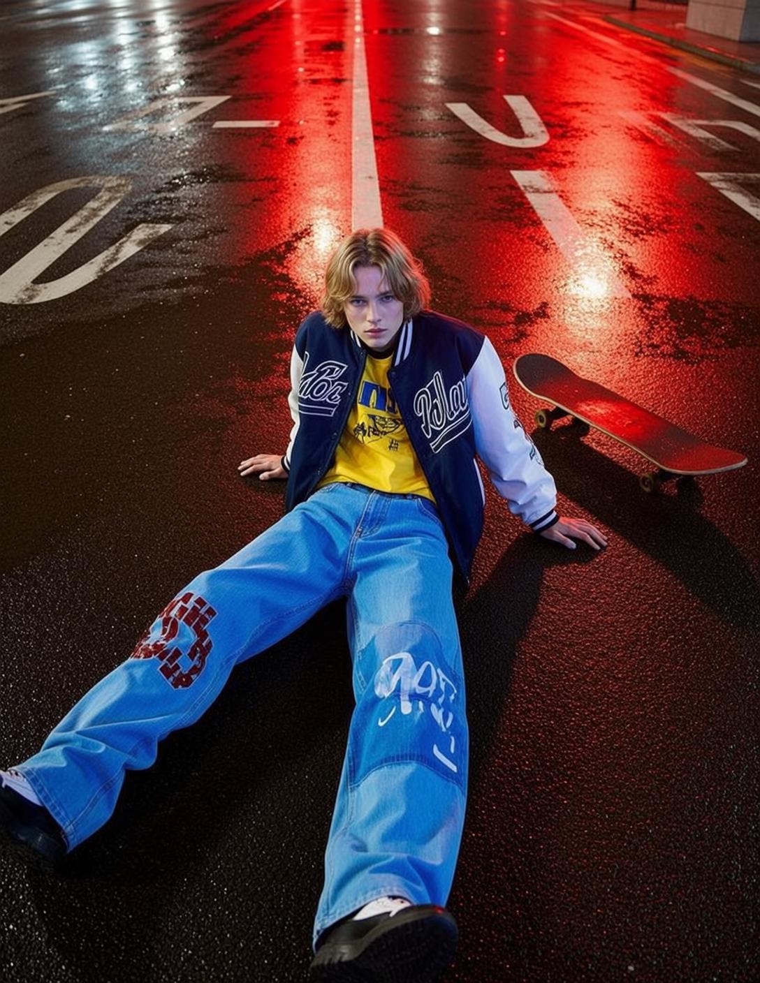 Blond Teen City Street Night Skateboard Cinematic