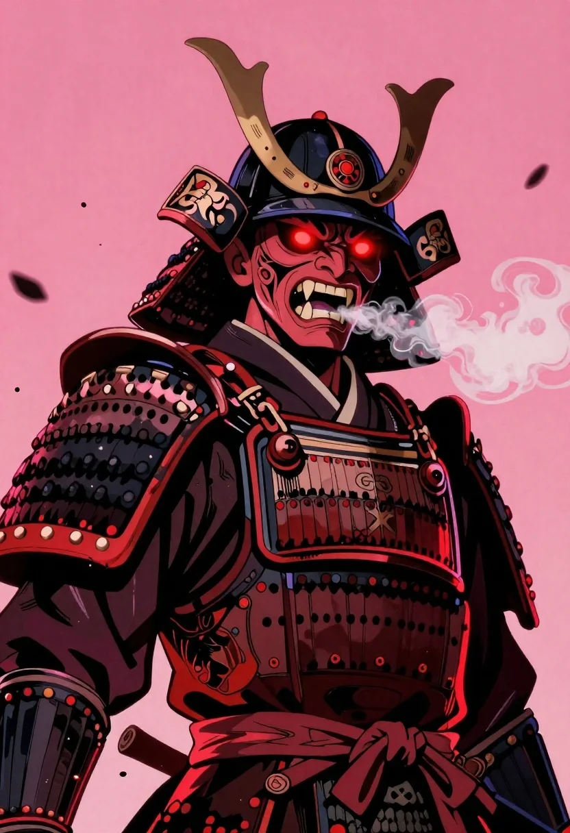 Subject Towering Samurai Warrior Clad Dark Traditional Armor With Fierce reference photo