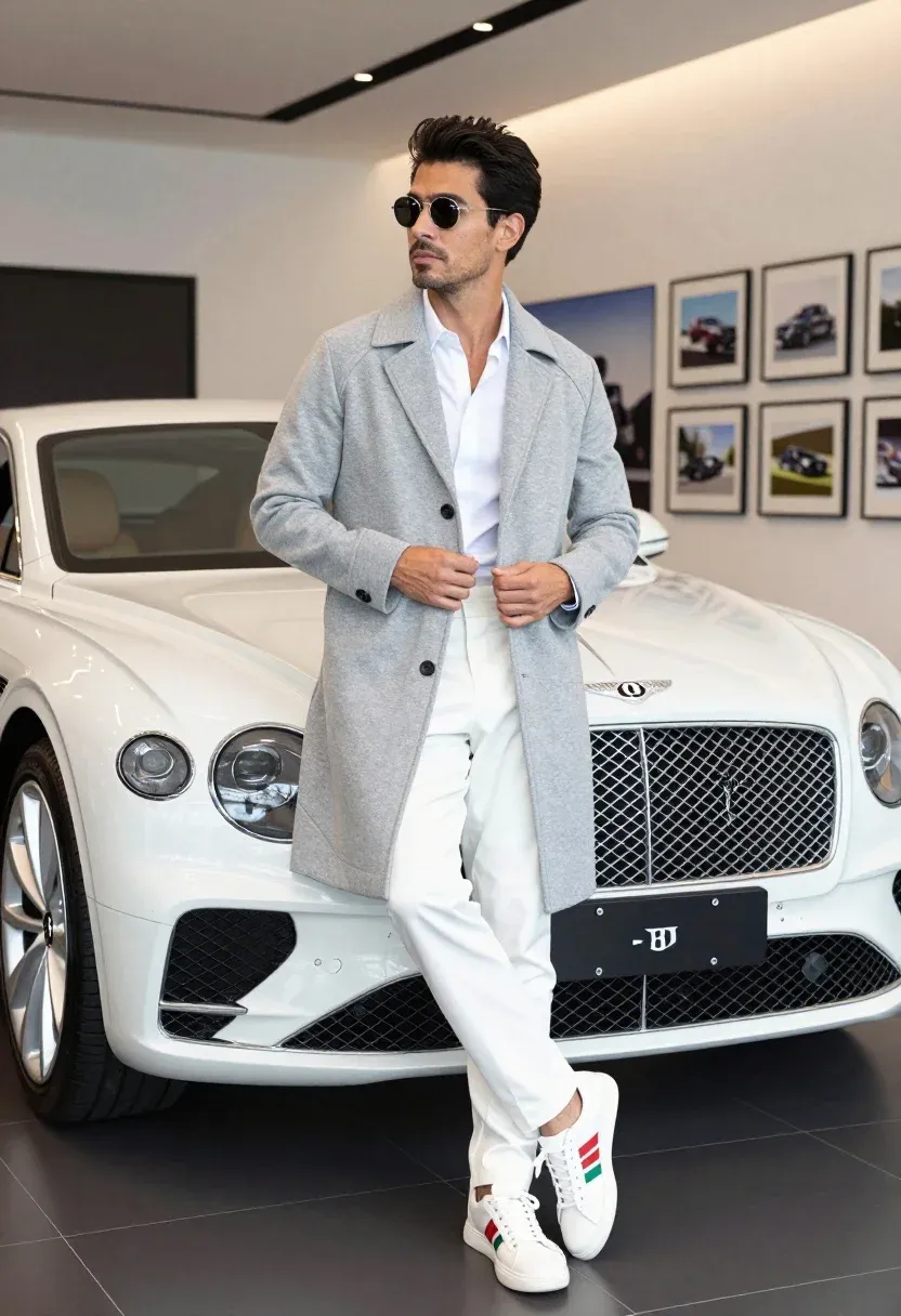Stylish Man Stands Confidently Leaning Against White Luxury Bentley Indoor