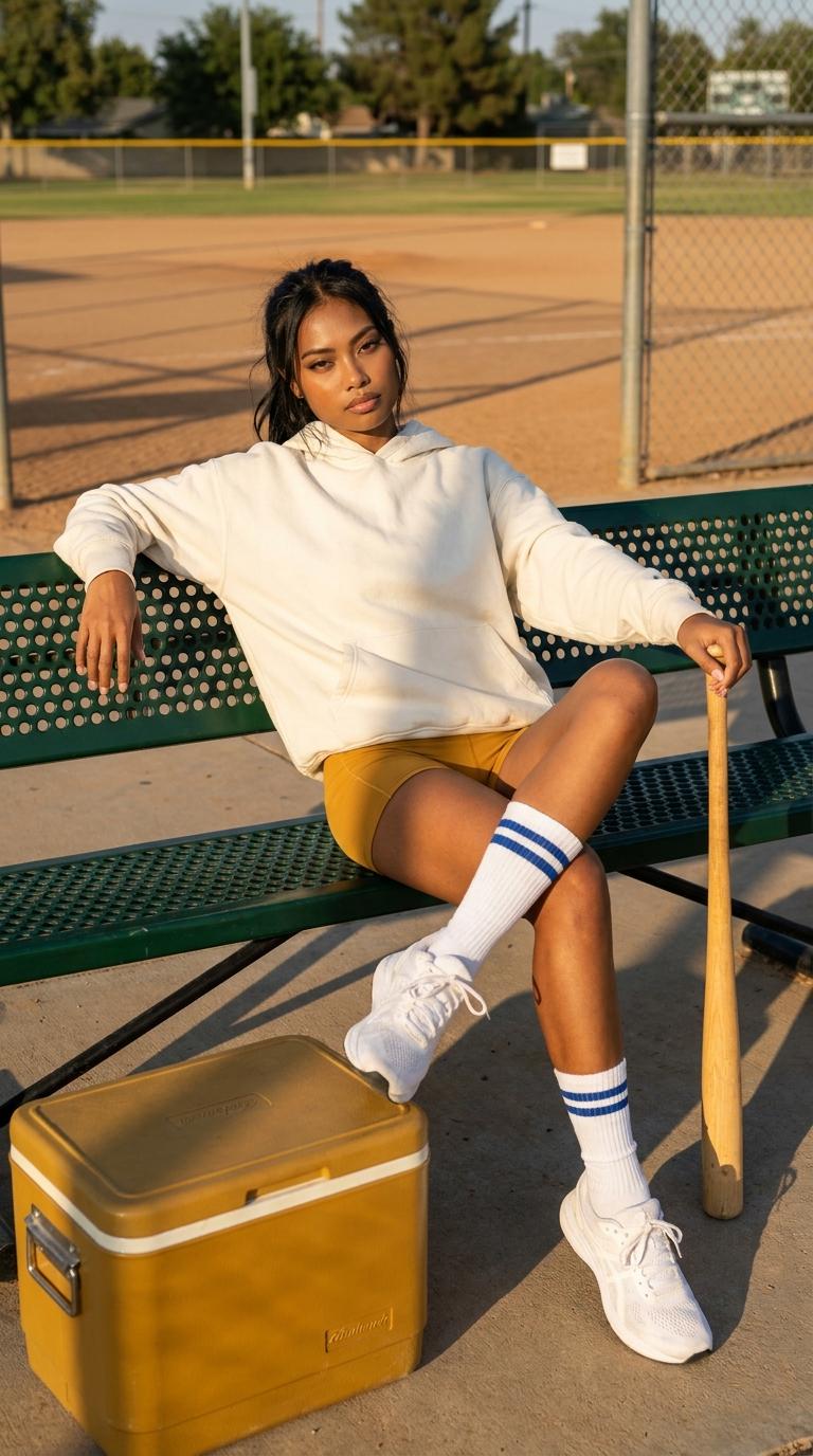 Photorealistic portrait of a woman in oversized hoodie and athletic shorts, draped across a green park bench, with a vintage cooler and baseball bat, basking in soft afternoon light.