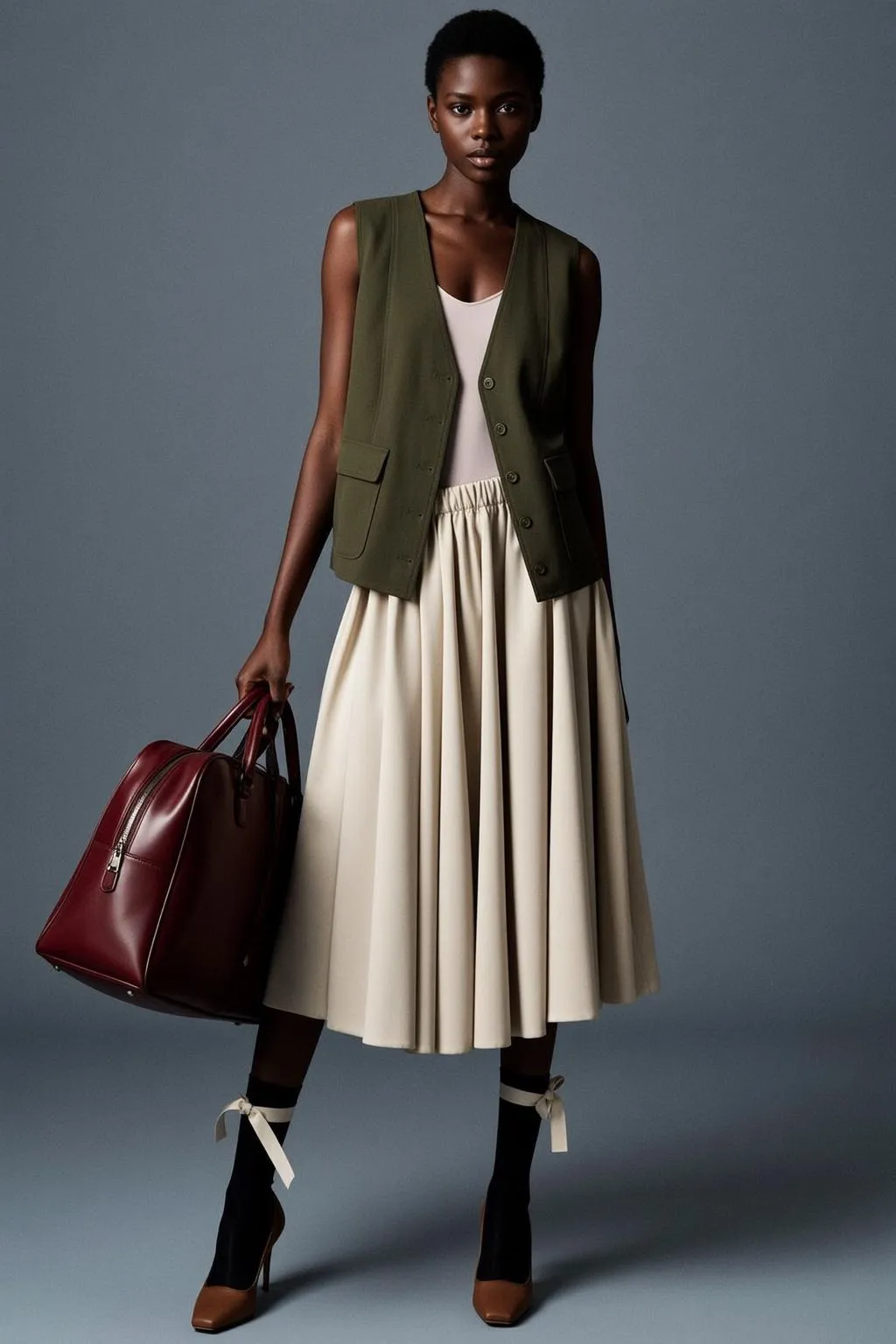 Olive Green Vest Cream Midi Skirt Red Duffel Bag