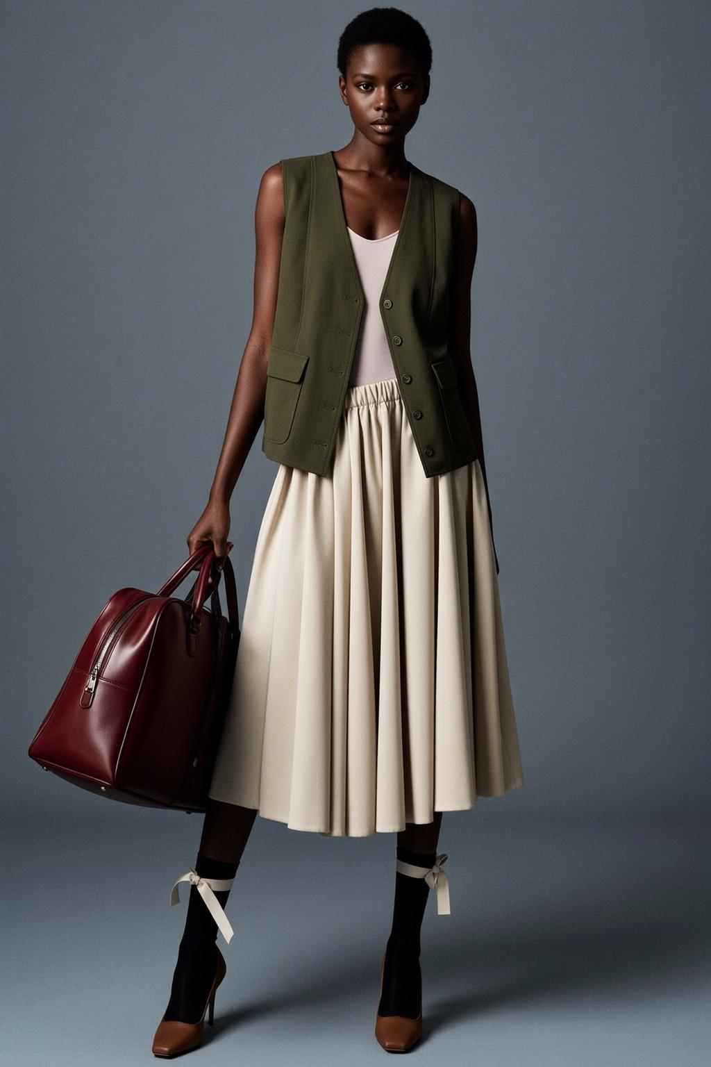Olive Green Vest Cream Midi Skirt Red Duffel Bag
