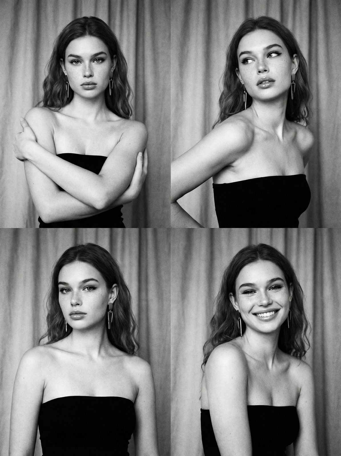 A medium shot of a person in a strapless top, hugging herself with a direct gaze, captured in soft studio lighting against a plain textured background.