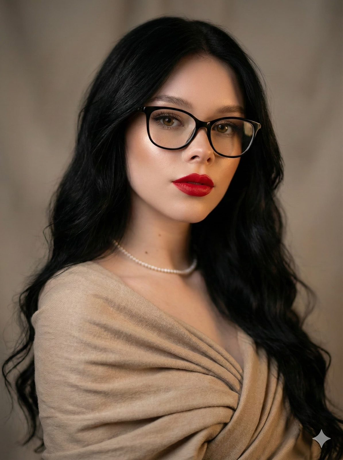 A woman with long black wavy hair wearing stylish glasses, showcasing glowing skin and bold red lips, draped in soft beige fabric.