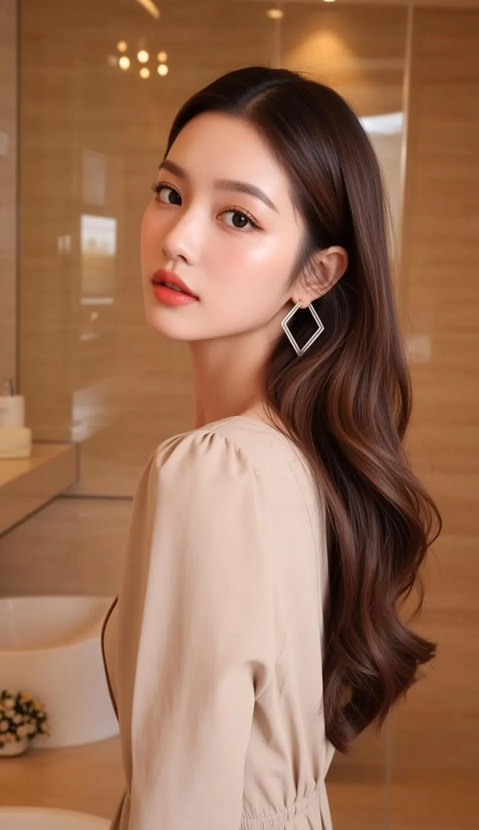 Makeup And Earrings In Bathroom Portrait