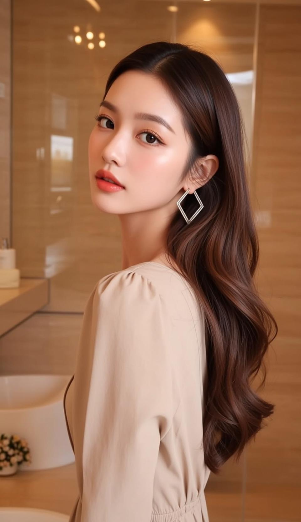 Hair Salon Young Asian Long Wavy Dark