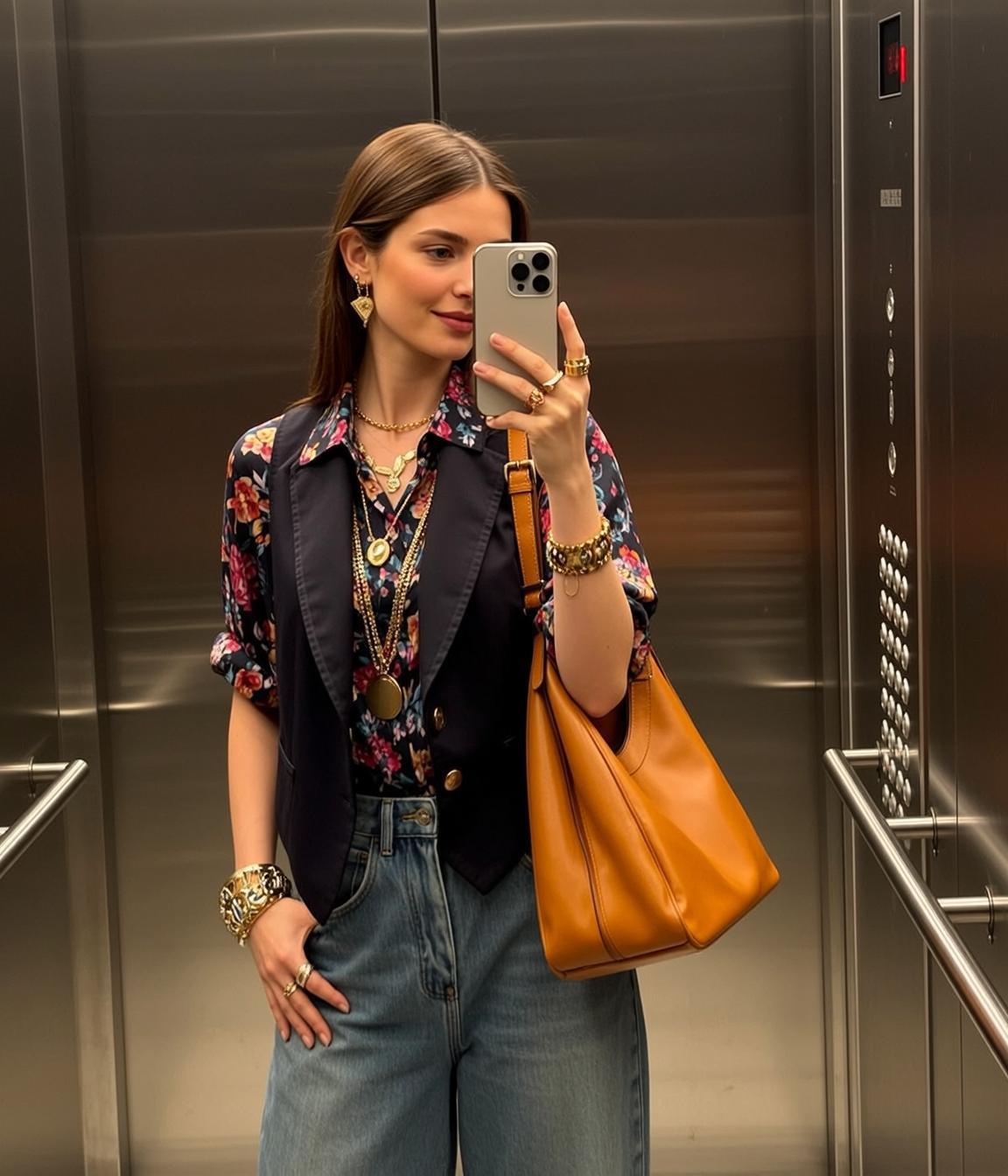 Explore Standing Elevator Holding Smartphone Her Right