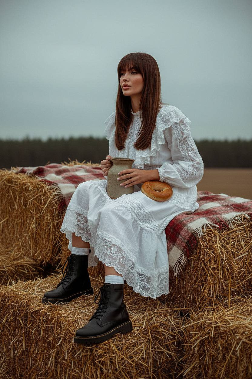 A girl in a flowing white dress sits on golden haystacks, holding a milk jug, with a pastoral backdrop.