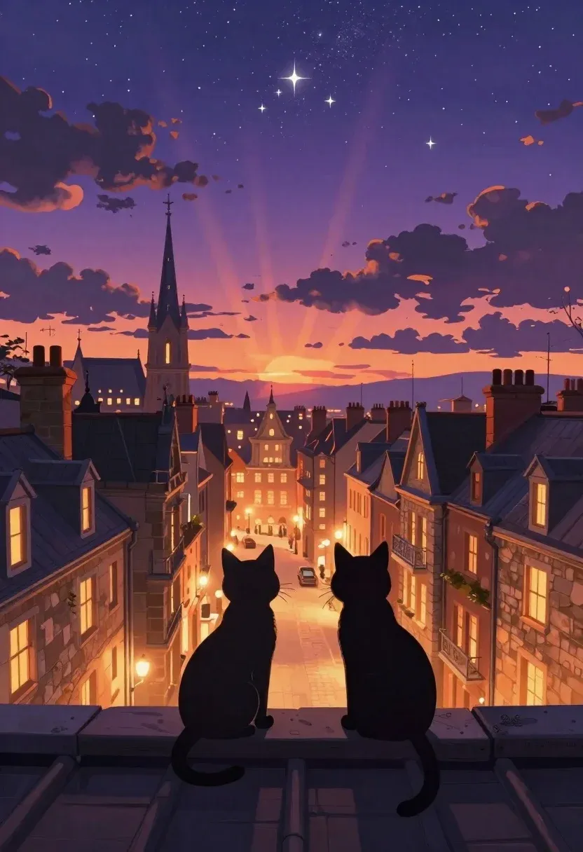Digital Illustration Cozy Nighttime Cityscape Viewed From Behind Two Cats