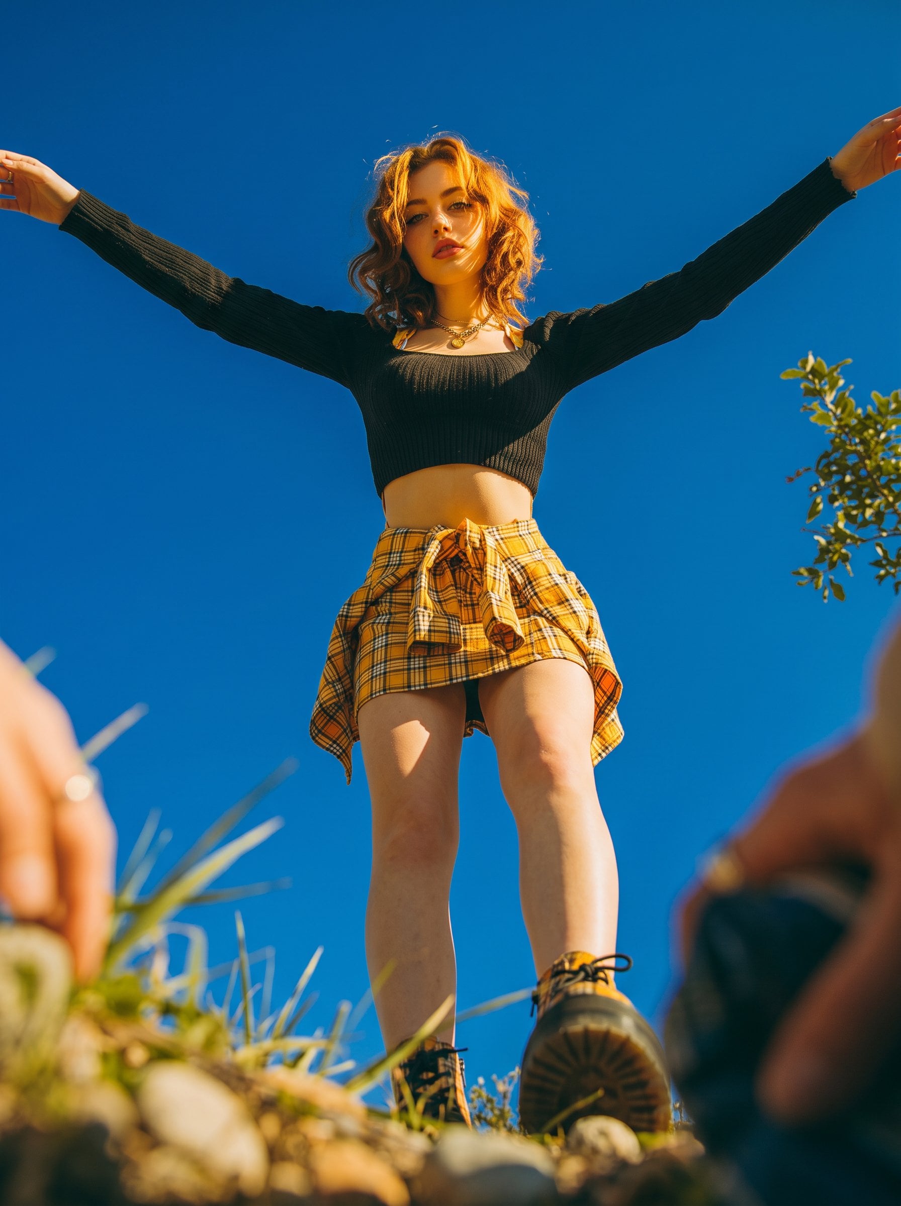 Arms Outstretched Low Angle Blue Sky Plaid Skirt