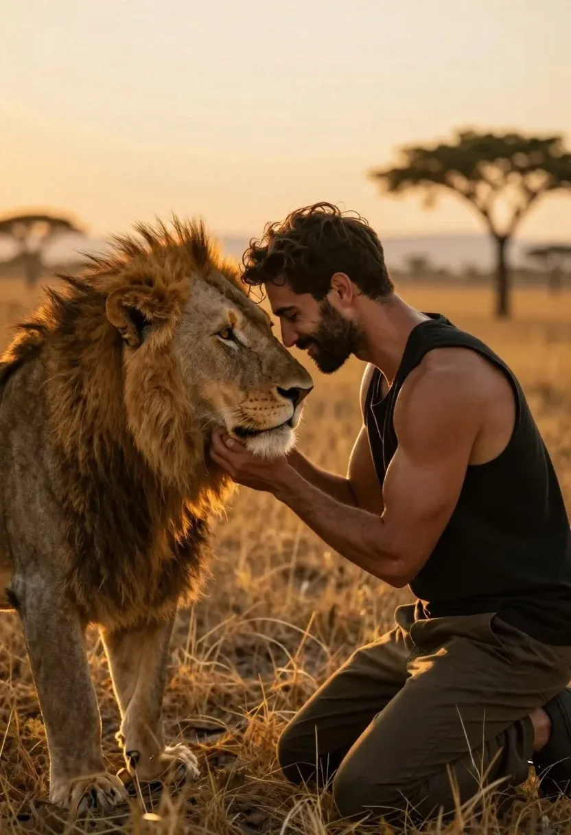Cinematic Close-up Man Tenderly Nuzzling The Forehead Majestic Male Lion