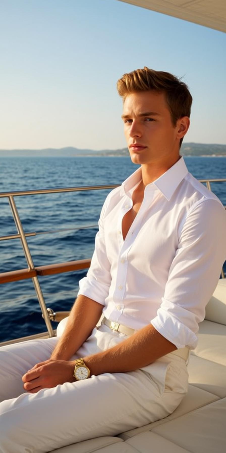 Young Short Styled Blonde Tan White Button-down