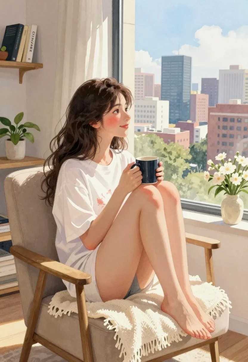 Young Woman With Dark Wavy Hair Sits Comfortably Beige Armchair
