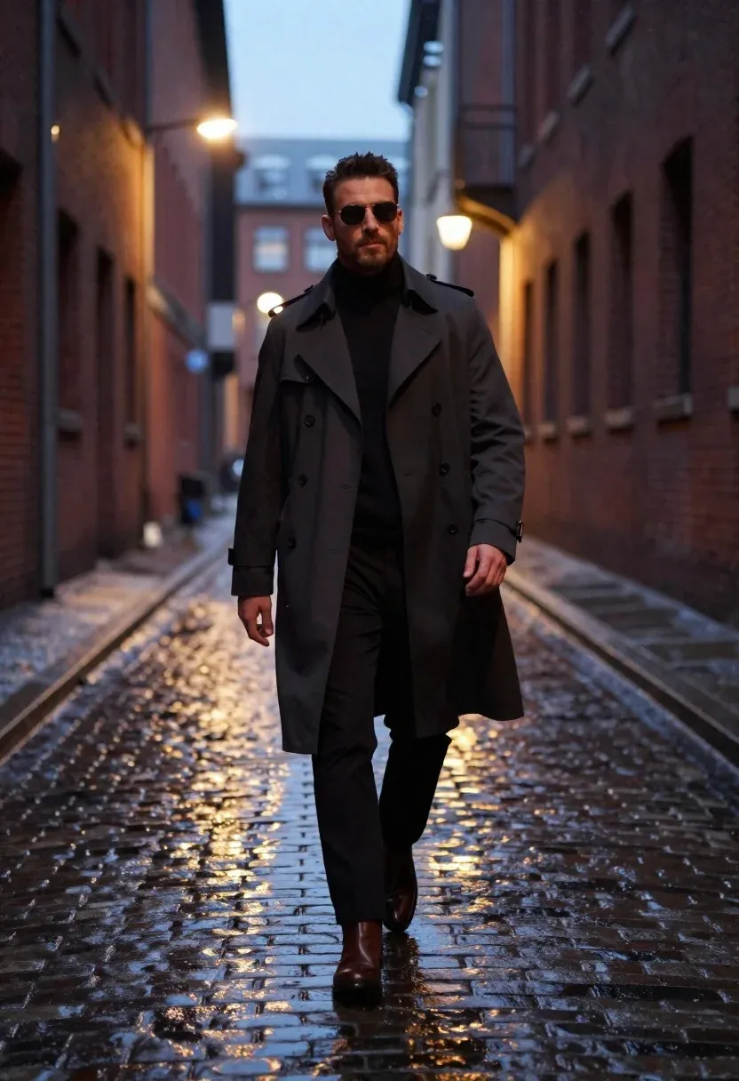 Cinematic Shot Stylish Man Walking Down The Center Narrow Cobblestone