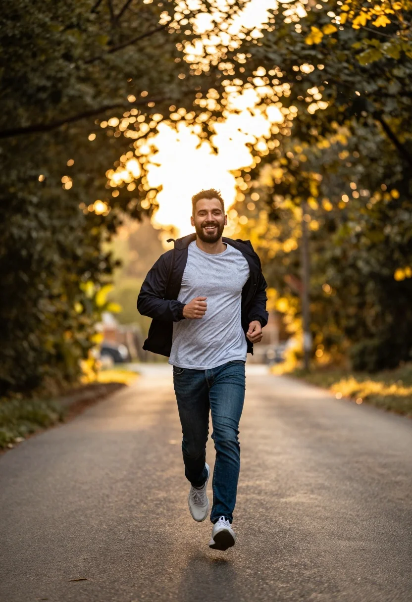 Man Running Joyfully Down Paved Road Toward The Camera With