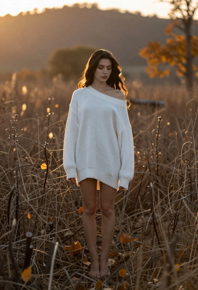 Full-length Portrait Young Woman Standing Barefoot Tall Dry Brush During reference photo