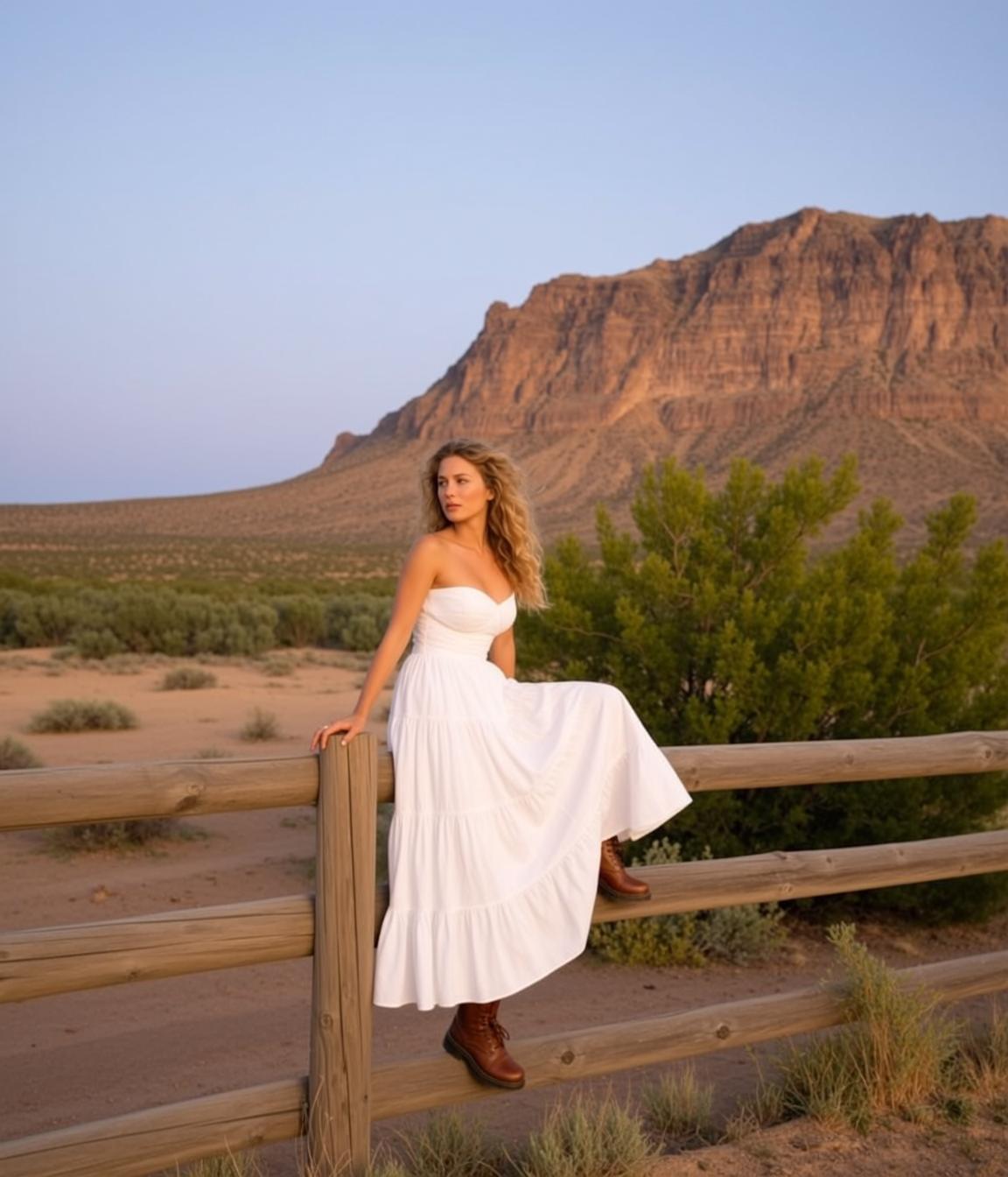 Cowgirl Perched Rustic Wooden Fence Her Body