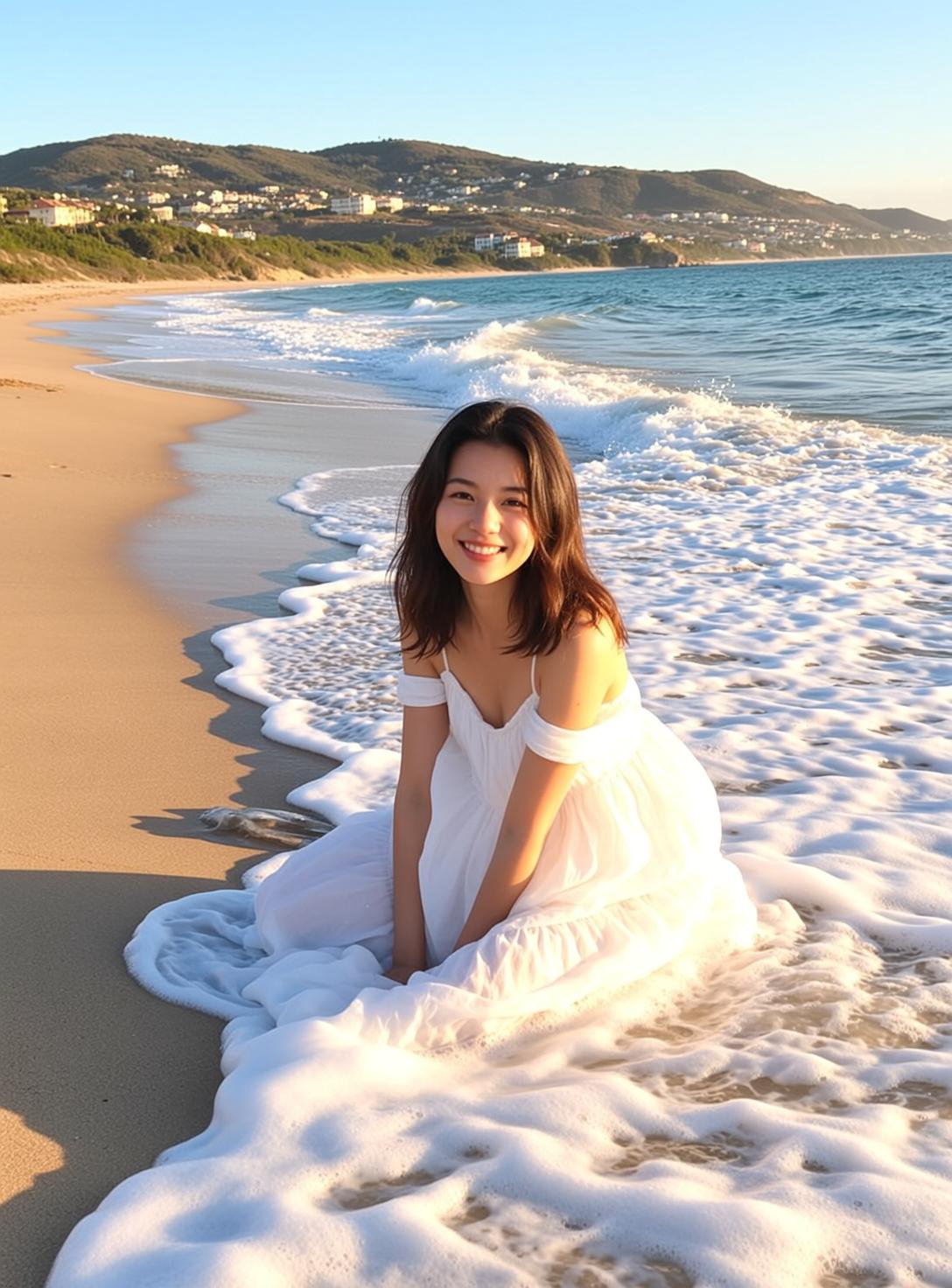 White Dress Smiling Beach Sunset