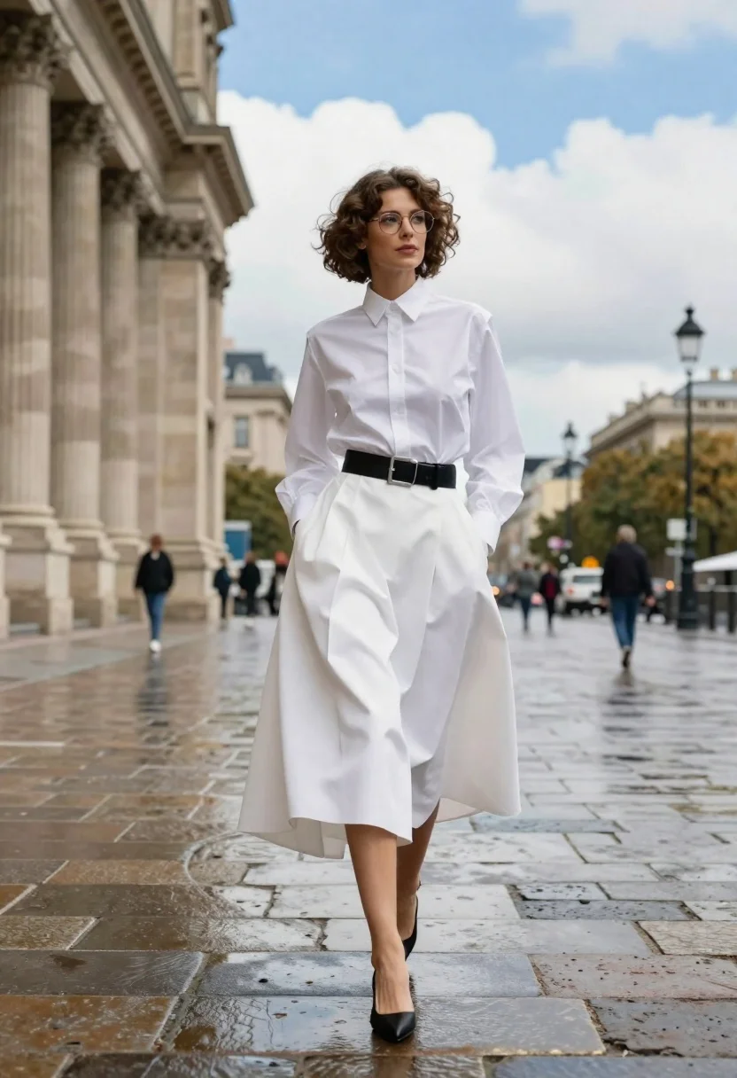 Woman With Short Curly Brown Hair Walks Confidently Toward The reference photo