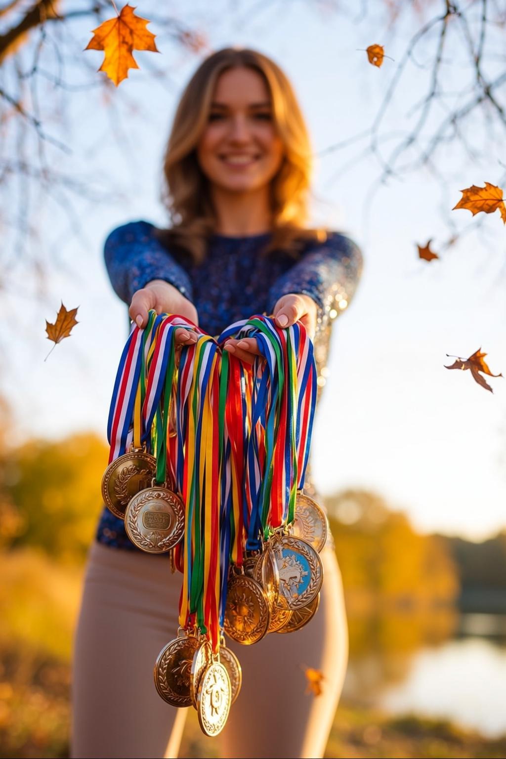 Explore Holding Large Bunch Medals Colorful Ribbons