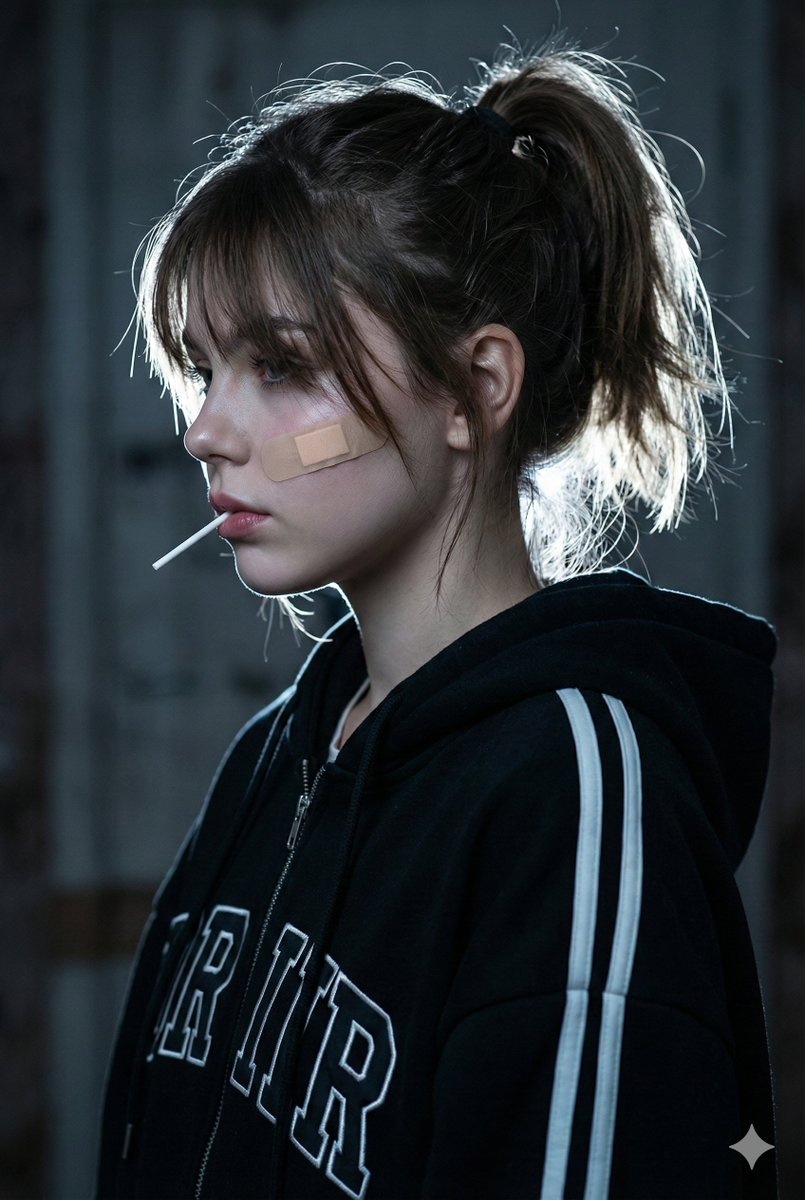 A close-up portrait of a young woman with a beige bandage on her cheek and a lollipop stick in her mouth, wearing a black hoodie.