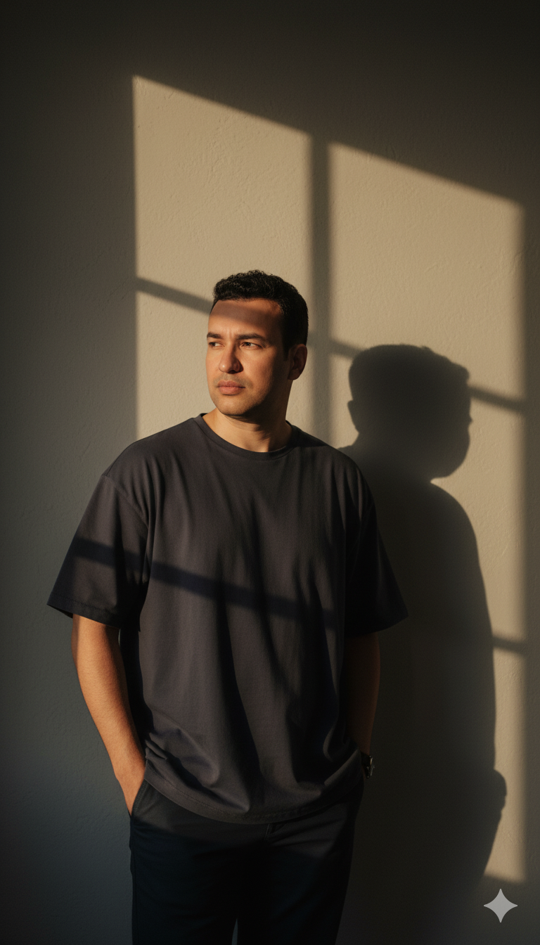 A man in a loose dark T-shirt stands against a wall, sunlight creating dramatic shadows while he looks pensively away from the camera.