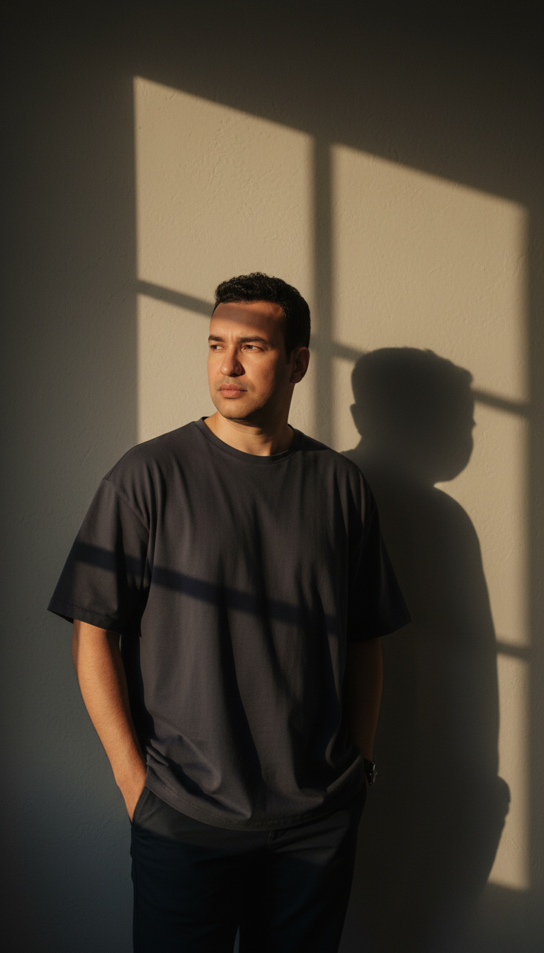 A man in a loose dark T-shirt stands against a wall, sunlight creating dramatic shadows while he looks pensively away from the camera.