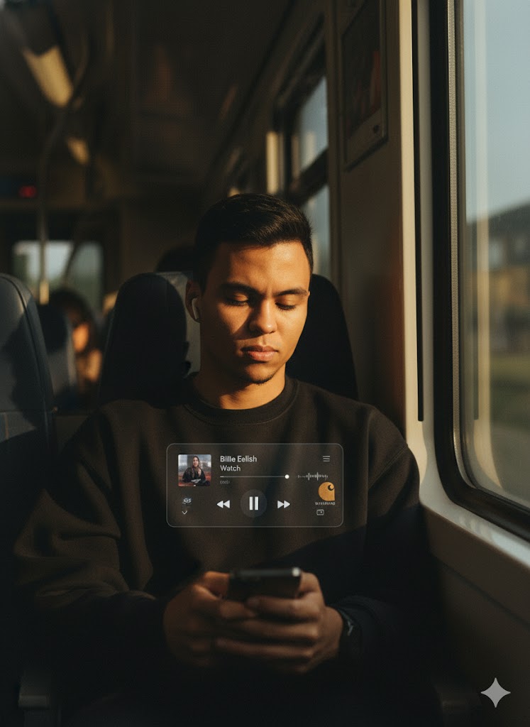 Jovem indonésio sentado em trem com moletom preto, fones e celular, luz dourada entrando pela janela.