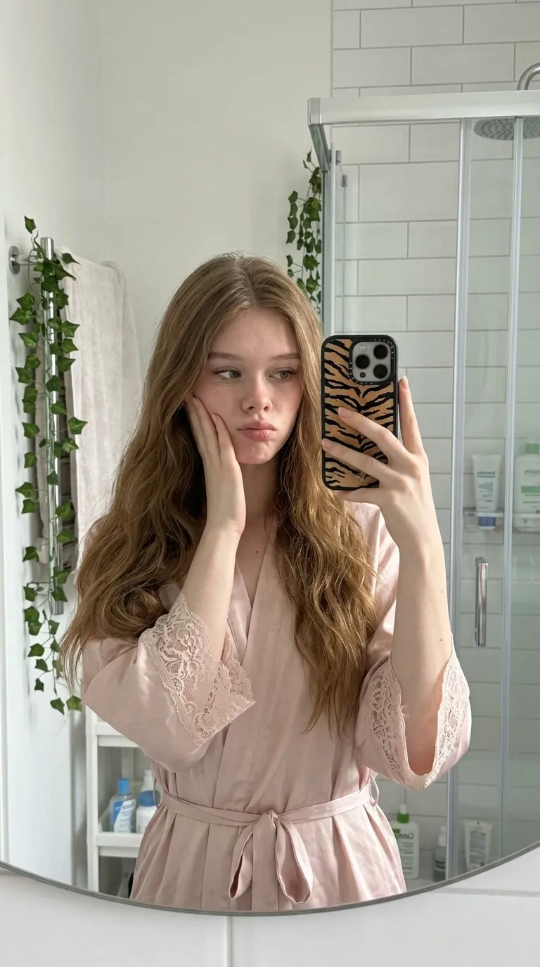 Bathroom Mirror Selfie Pale Pink Satin Robe