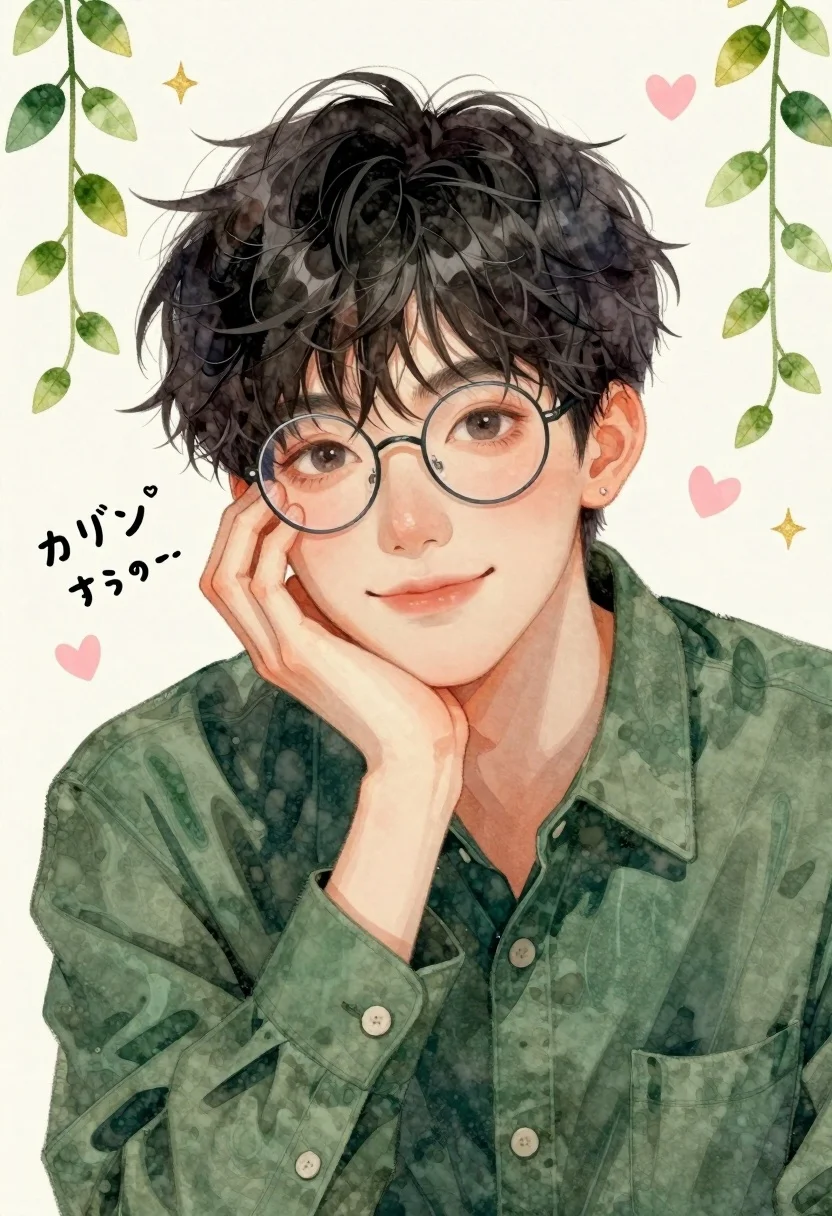 Close-up portrait of a young man with messy black hair and round glasses smiling gently, featuring realistic skin texture and balanced exposure.