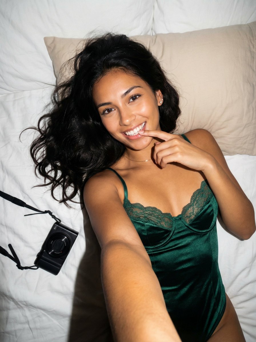 A woman reclining on white sheets wearing an emerald green satin bodysuit, smiling with dark hair spread out.