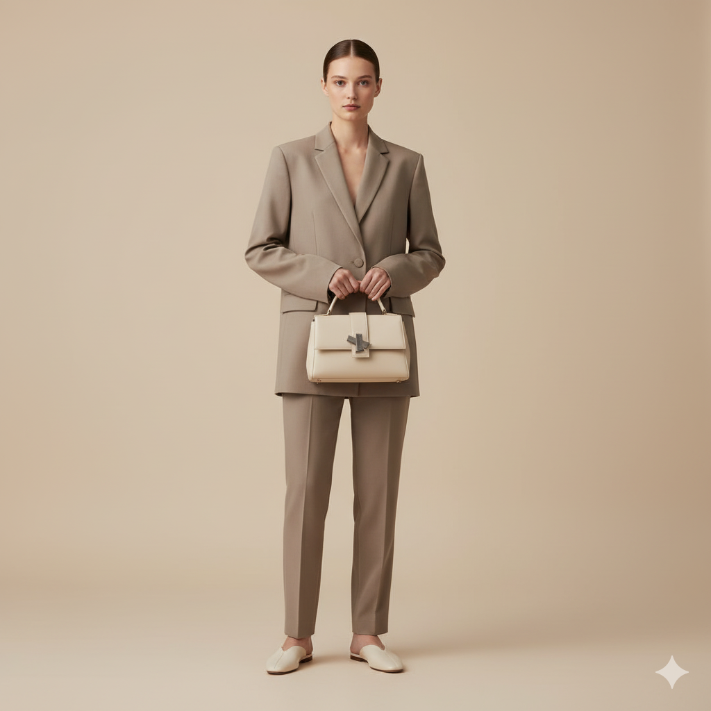 A woman in a minimalist studio portrait, holding a structured designer handbag against a seamless beige backdrop.