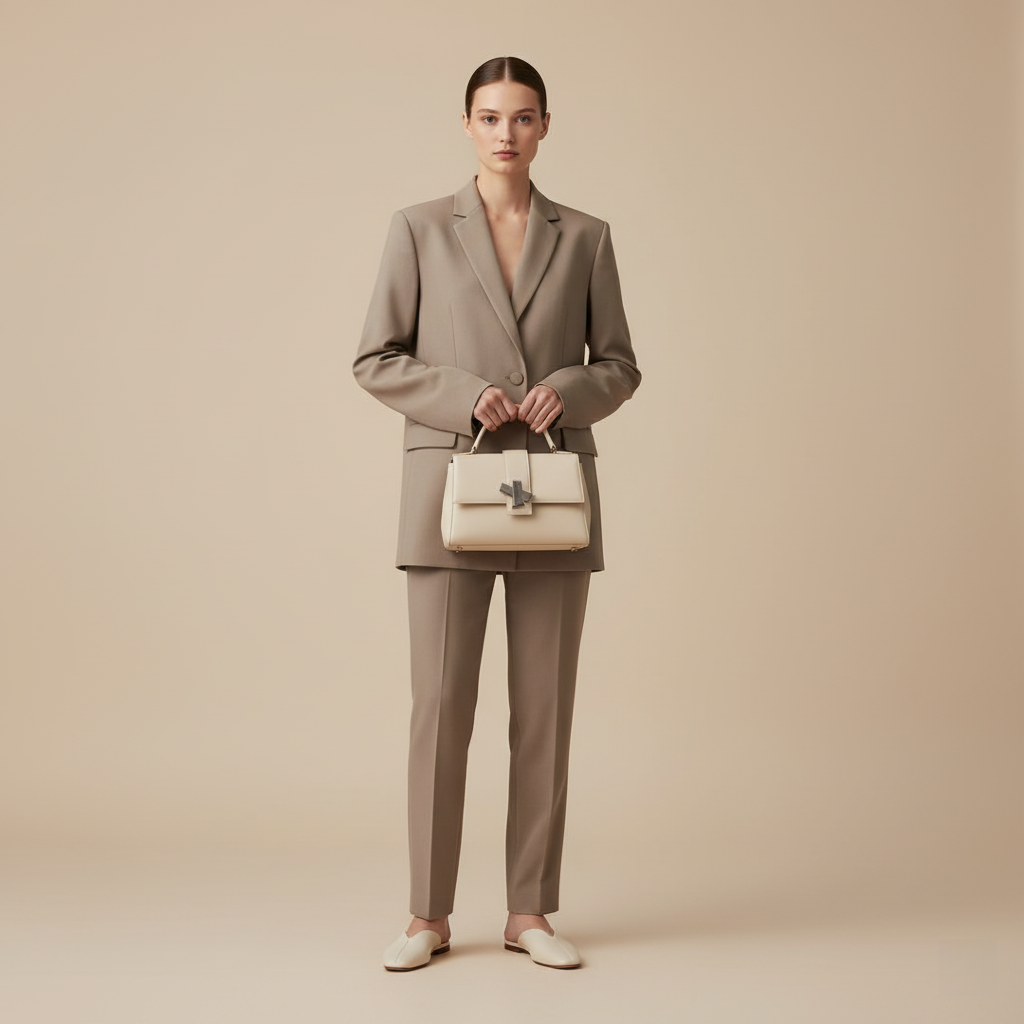 A woman in a minimalist studio portrait, holding a structured designer handbag against a seamless beige backdrop.