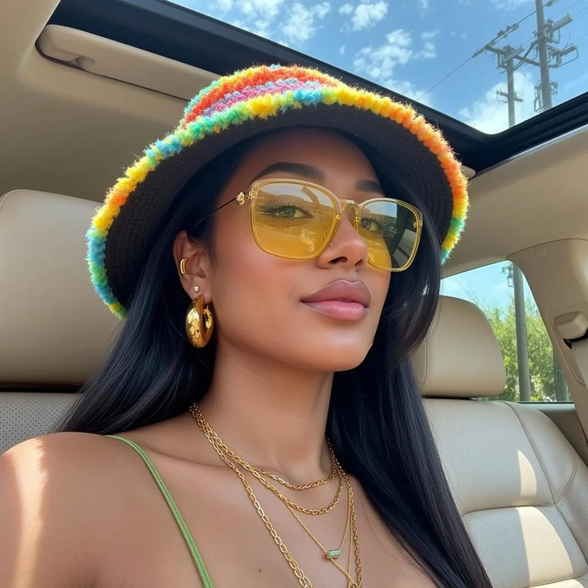 Sunglasses Earrings And Necklace In Car Portrait
