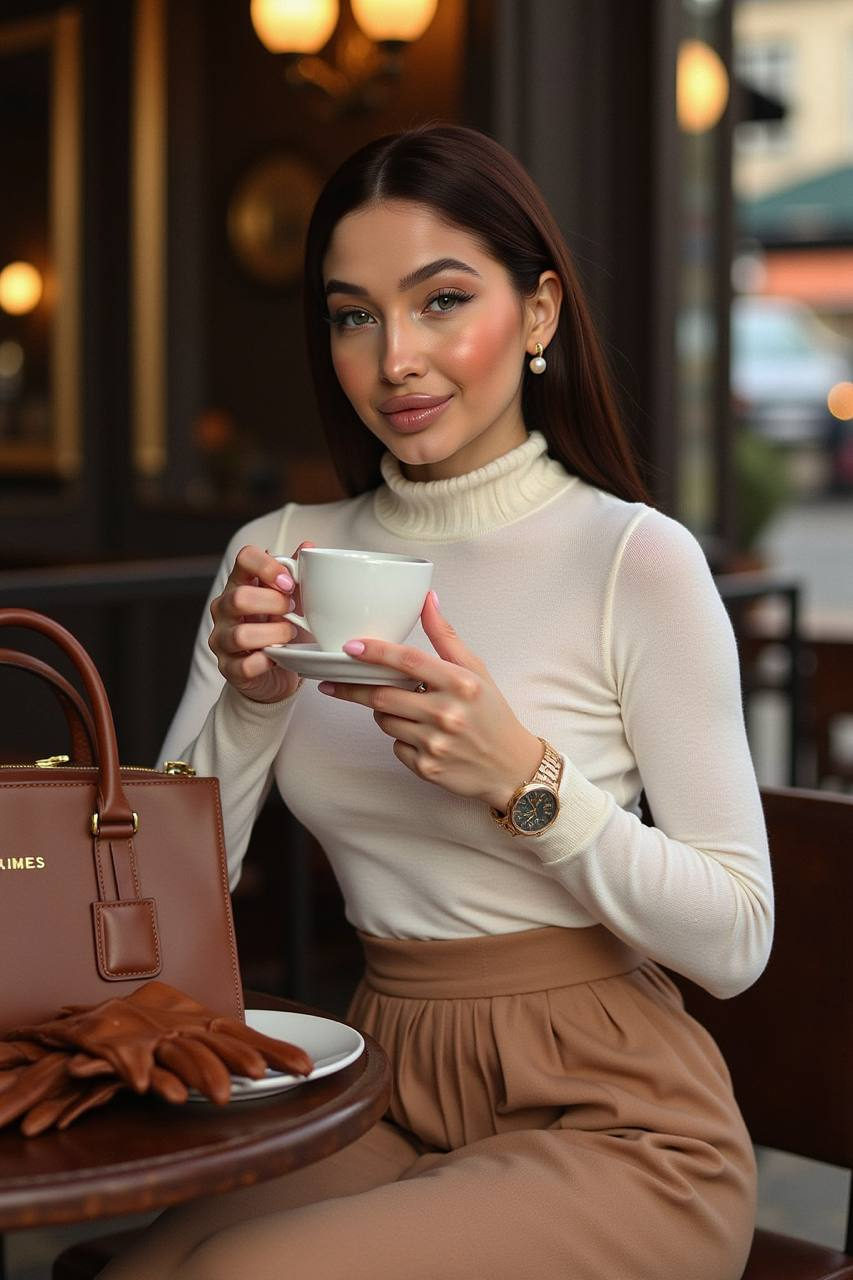 A woman in a cream cashmere sweater sits at a Parisian café, holding a delicate porcelain coffee cup with steam rising.