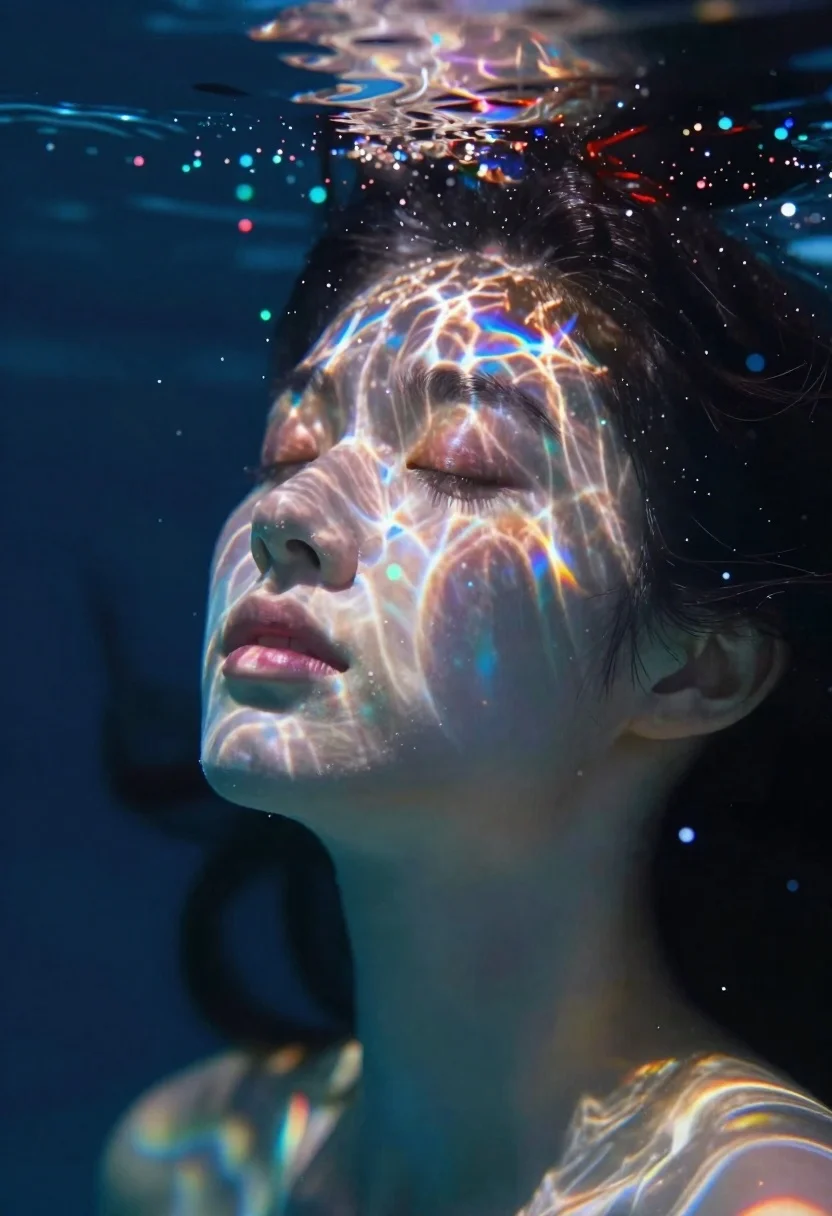 Hyper-realistic Close-up Serene Woman Face Partially Submerged Water Subject Beautiful reference photo