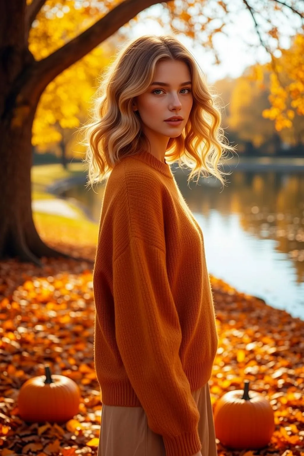 Orange Sweater Autumn Lake