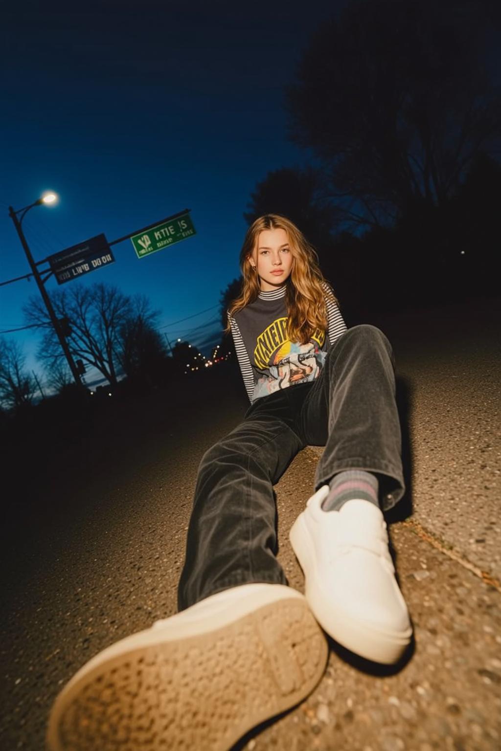 Night Street Cinematic Blonde Woman Sitting Asphalt