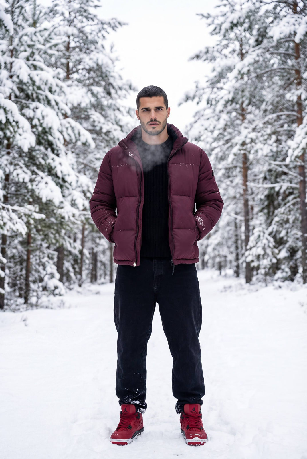 A man in a burgundy puffer jacket stands in a snowy pine forest, snow-covered fir trees surrounding him.