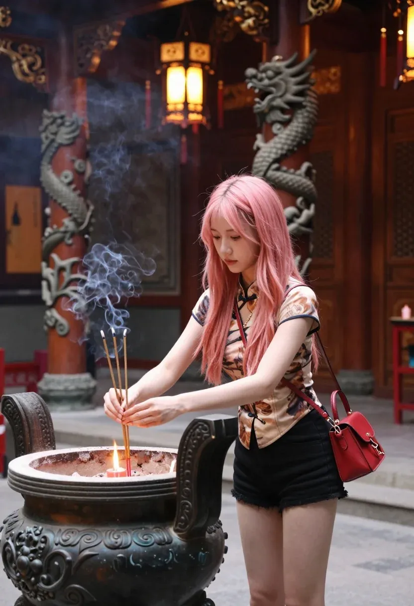 Young Woman With Long Pink Hair Stands Traditional Temple Interior