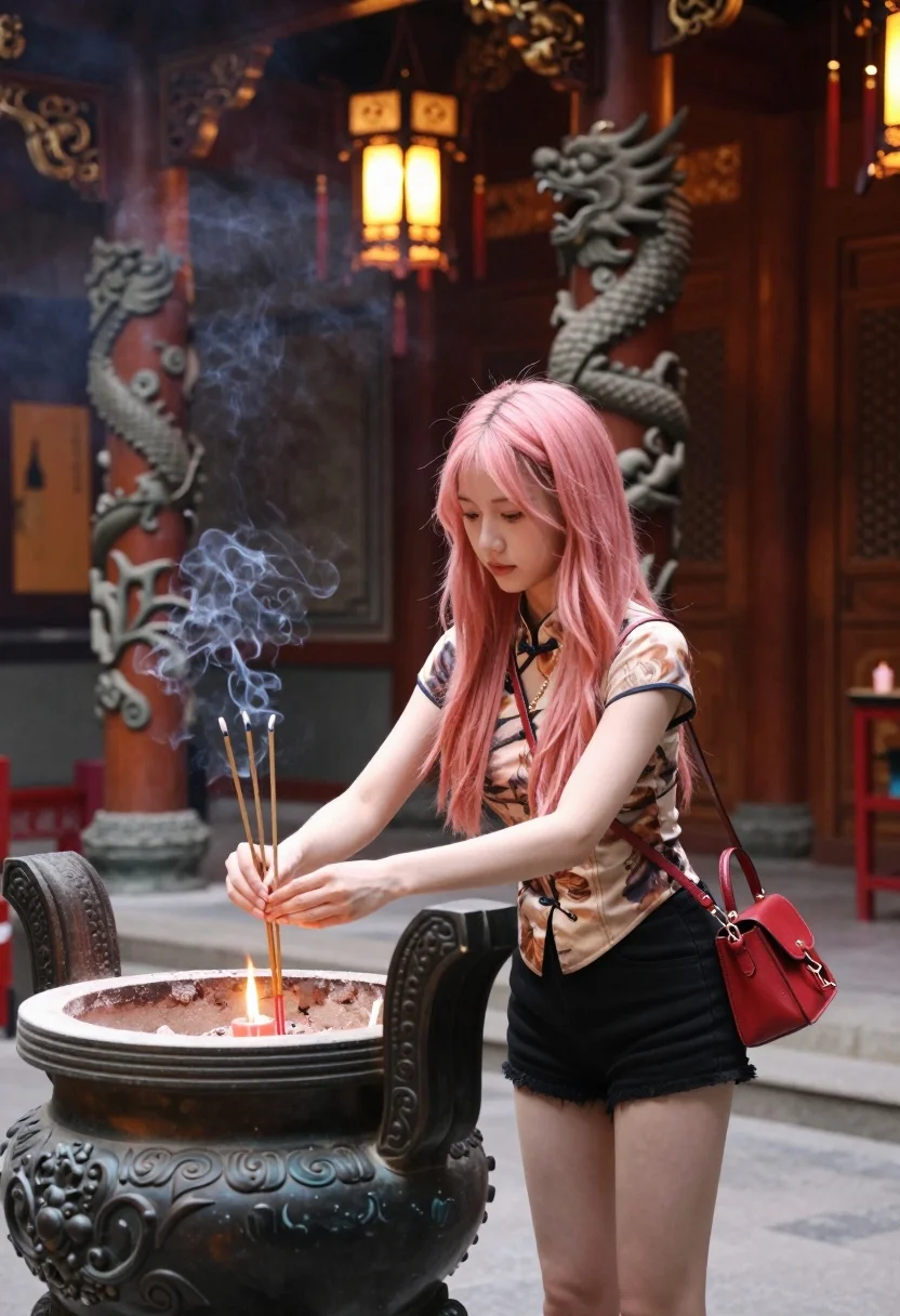 Young Woman With Long Pink Hair Stands Traditional Temple Interior