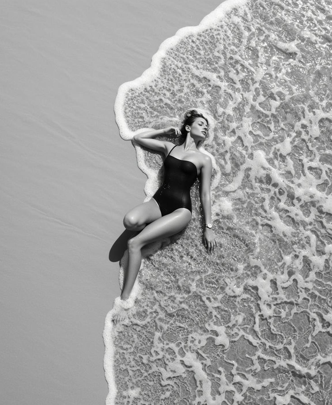 High-angle Full Shot Black And White Photorealistic Image Captures Woman