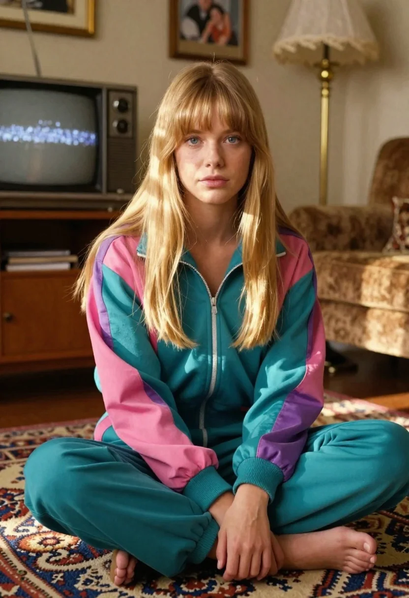 Young Woman With Long Blonde Hair And Bangs Sits Cross-legged