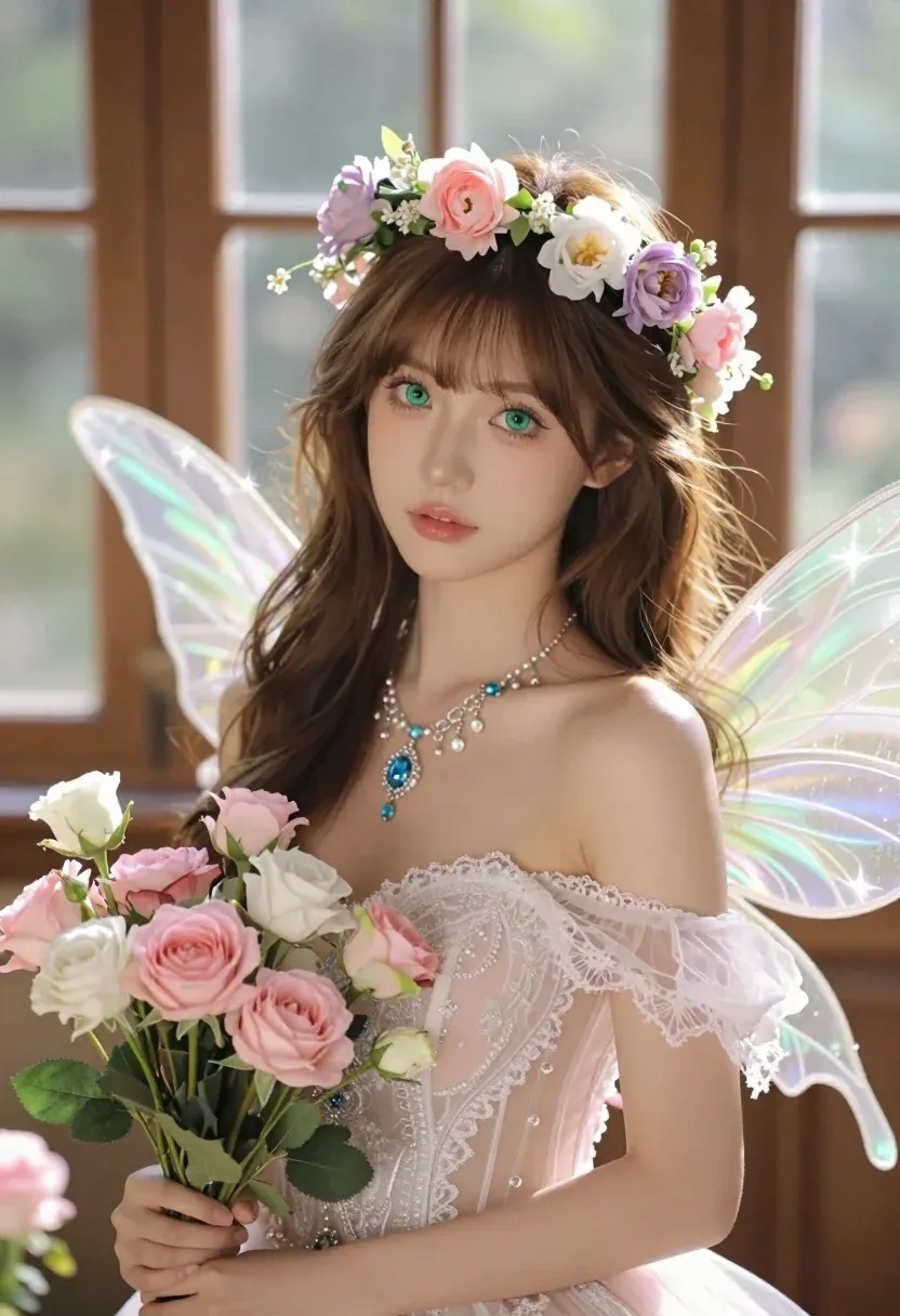 Young Woman With Delicate Features And Large Green Eyes Gazes