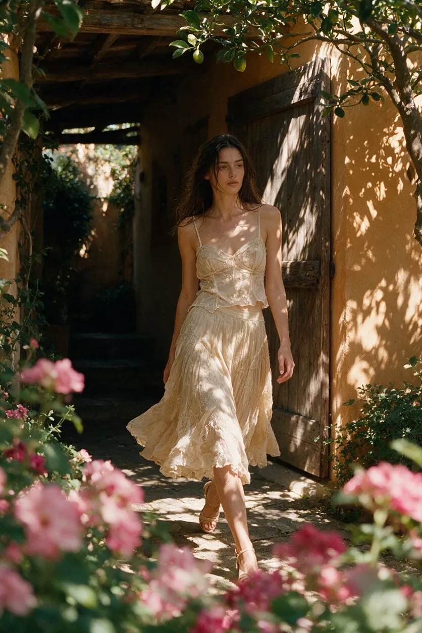 Champagne Beige Outfit Walking In Courtyard