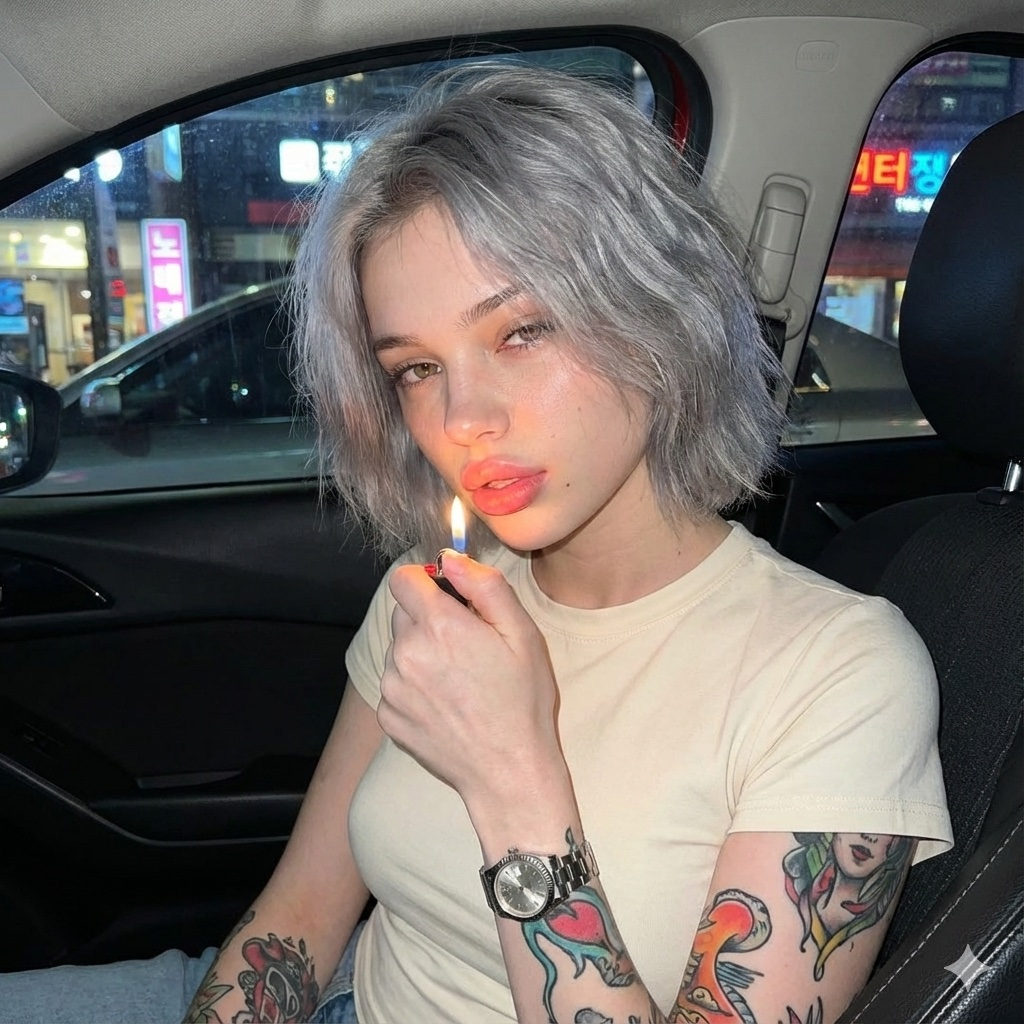 Candid close-up portrait of a woman in a parked car at night, showcasing natural skin textures and vibrant tattoos.
