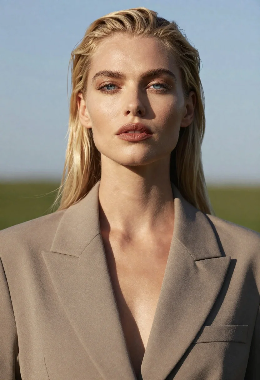 Striking Portrait Blonde Woman With Intense Blue Eyes Gazing Directly reference photo