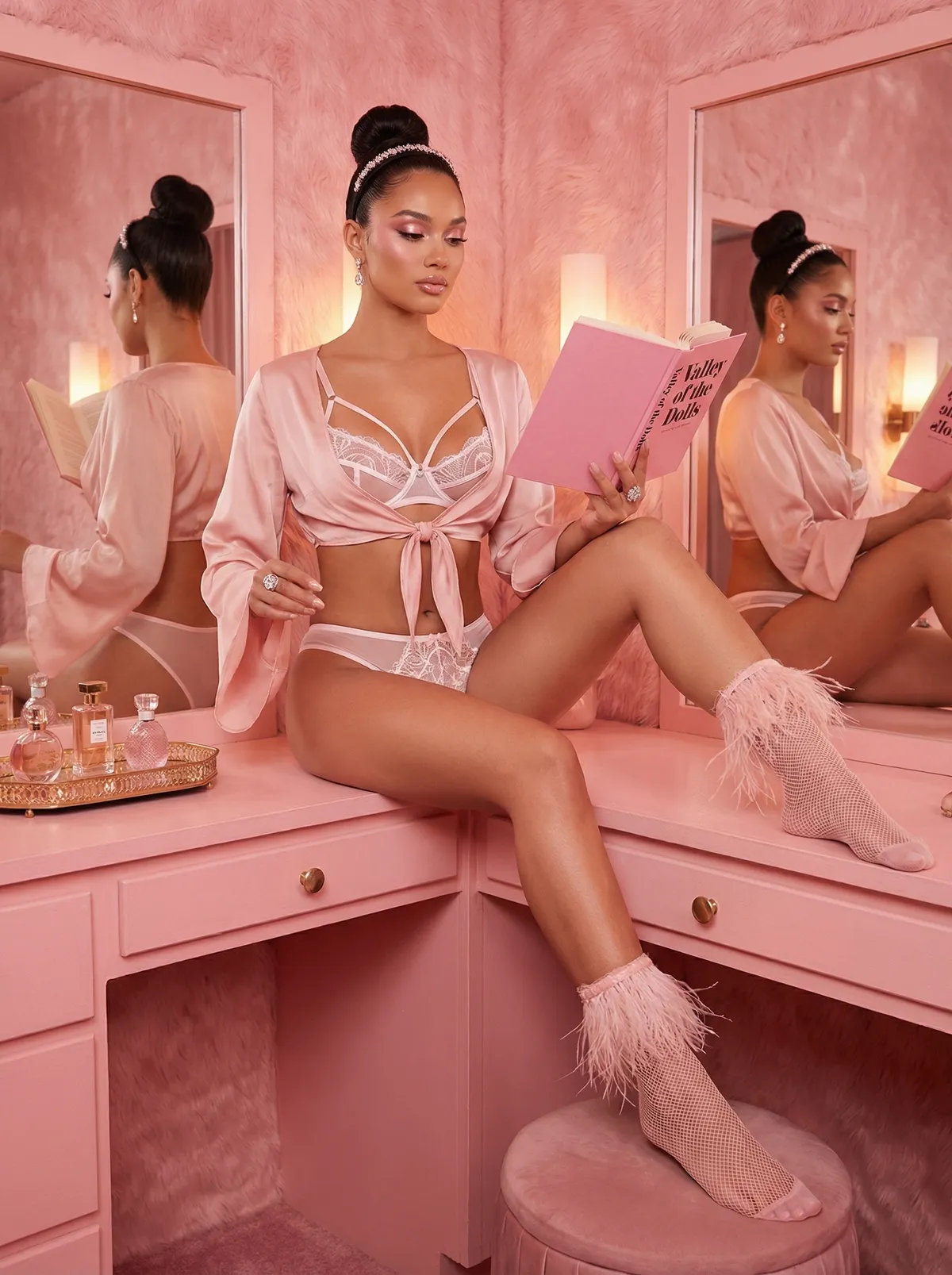Pink Satin Robe Vanity Mirror Perfume Bottles