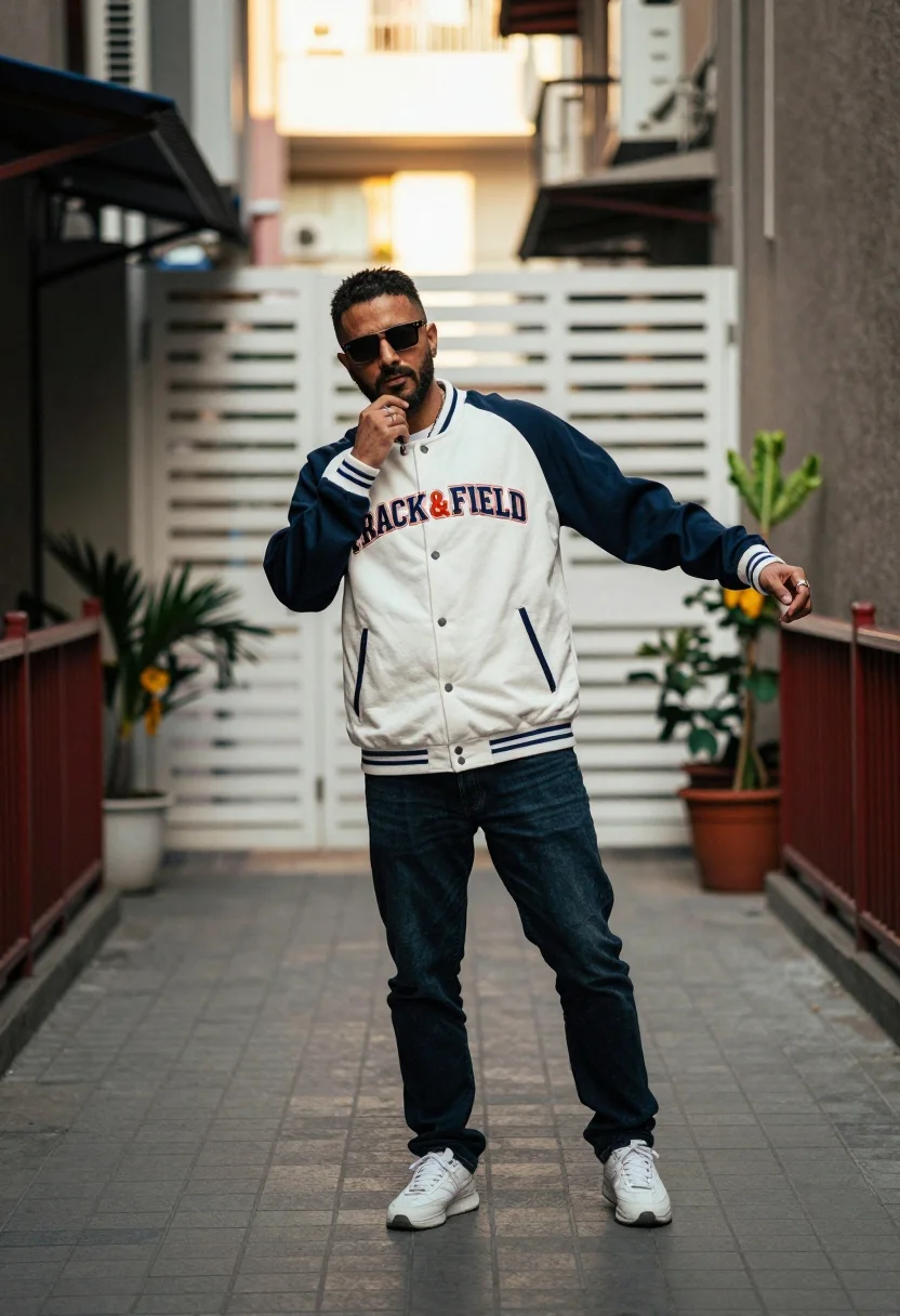 Man Stands Dynamic Pose Paved Walkway Framed Urban Alleyway With